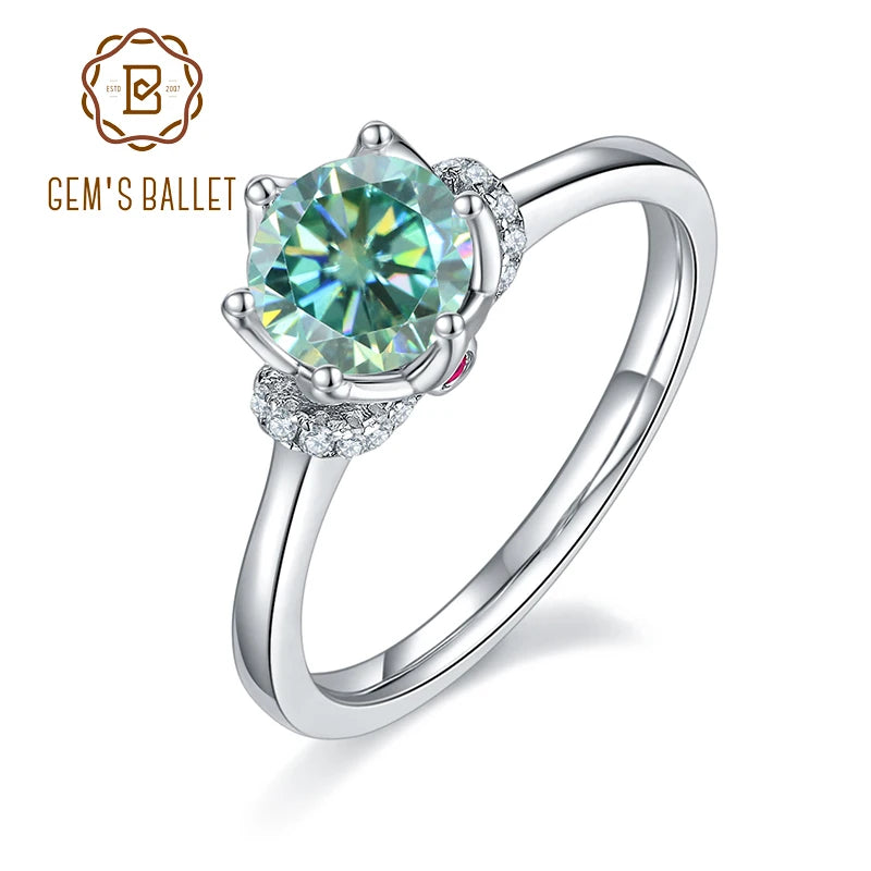 GEM'S BALLET 1.0Ct Round Moissanite Engagement Ring with Surprise Stones 585 14K 10K 18K Gold 925 Silver Ring For Women