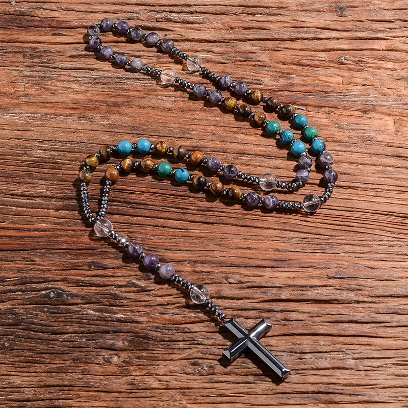 Natural Tiger Eye Amethyst Catholic Christian Rosary Men and Women Necklace Hematite Cross Pendant Meditation Yoga Mala Jewelry