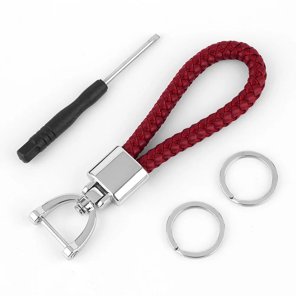 High-Grade Keychain for Men Women Rotatable Key Chain Luxury Hand Woven Leather Horseshoe Buckle Car Key Ring Holder Accessories Deep red -S