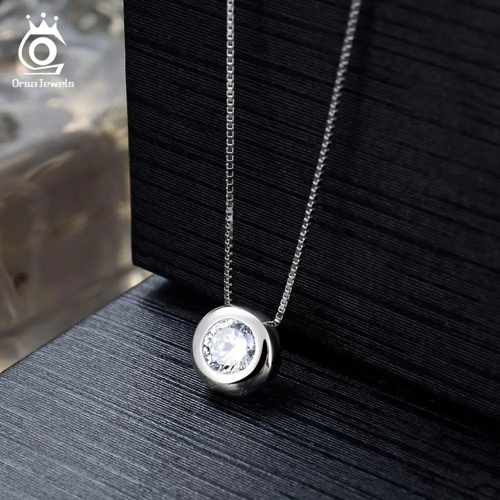 ORSA JEWELS Real 925 Silver Woman Round Pendants Necklaces Sterling Silver AAAA CZ Clavicle Chain Necklace Female Jewelry SN136