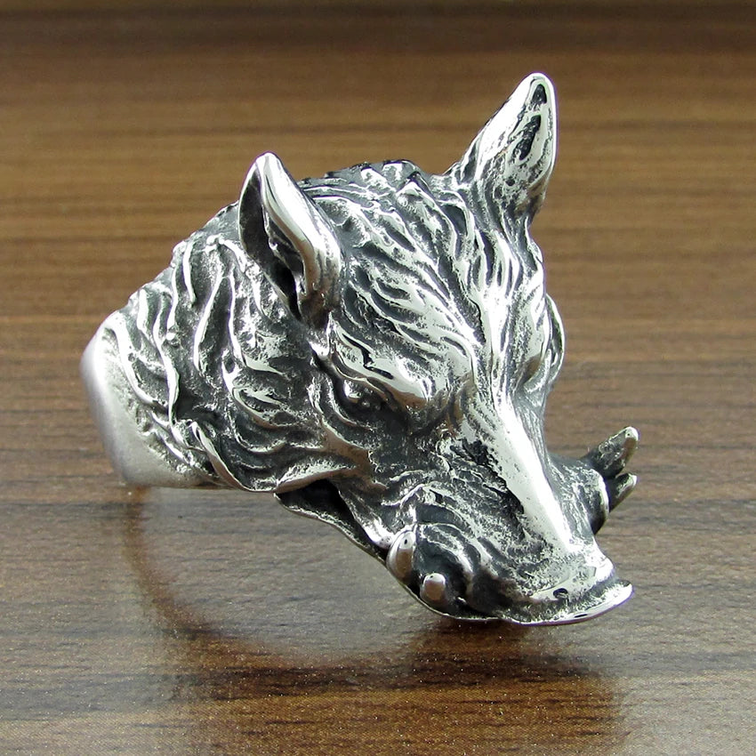 Punk Silver Color 316L Stainless Steel  Men's Wild Boar Head Ring Animal Jewelry For Gift