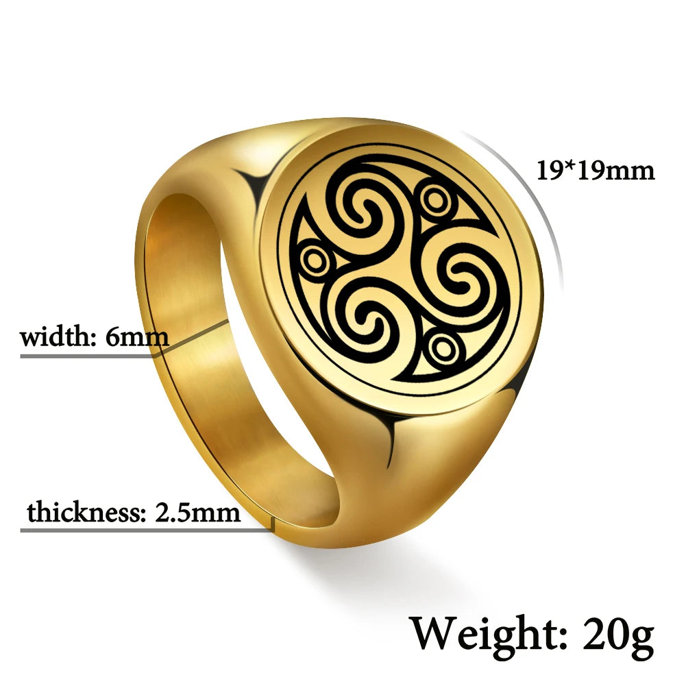 LIKGREAT Stainless Steel Rings for Men Triskele Triple Spiral Symbol Amulet Solomon Signet Ring Punk Occult Magic Pagan Talisman