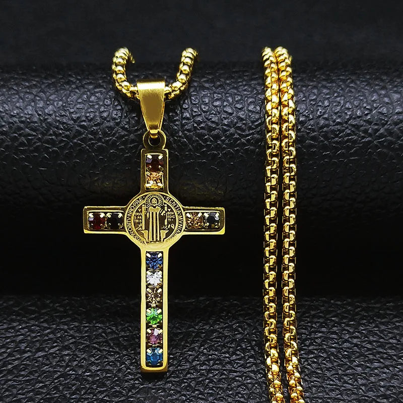 Catholic Jesus Cross Stainless Steel Necklace Saint Benedict Crystal Virgin Mary Pendant Crucifix Male Necklaces Jewelry Cruz