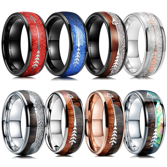 8 Colors Luxury Mens 8mm Titanium Stainless Steel Wedding Ring Koa Wood Meteorite Inlay Arrow Ring Punk Men Wedding Band Jewelry