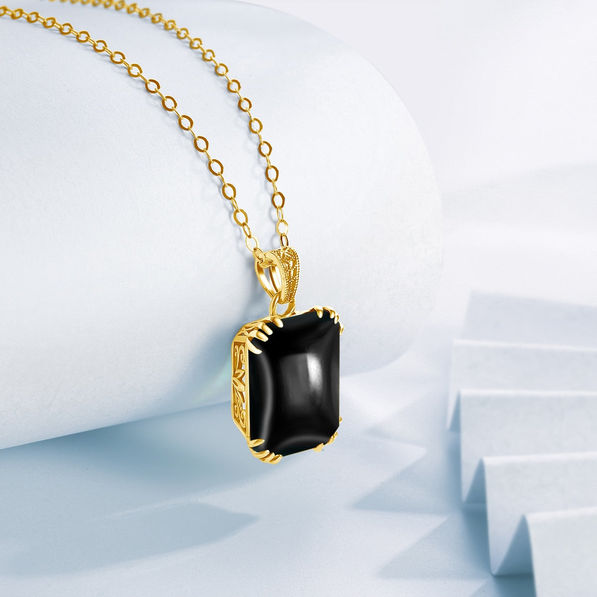 SILVERCHAKRA 585 14k Gold Color Necklaces Black Onyx Gemstones Pendant Necklace For Women 925 Sterling Silver Fine Jewelry