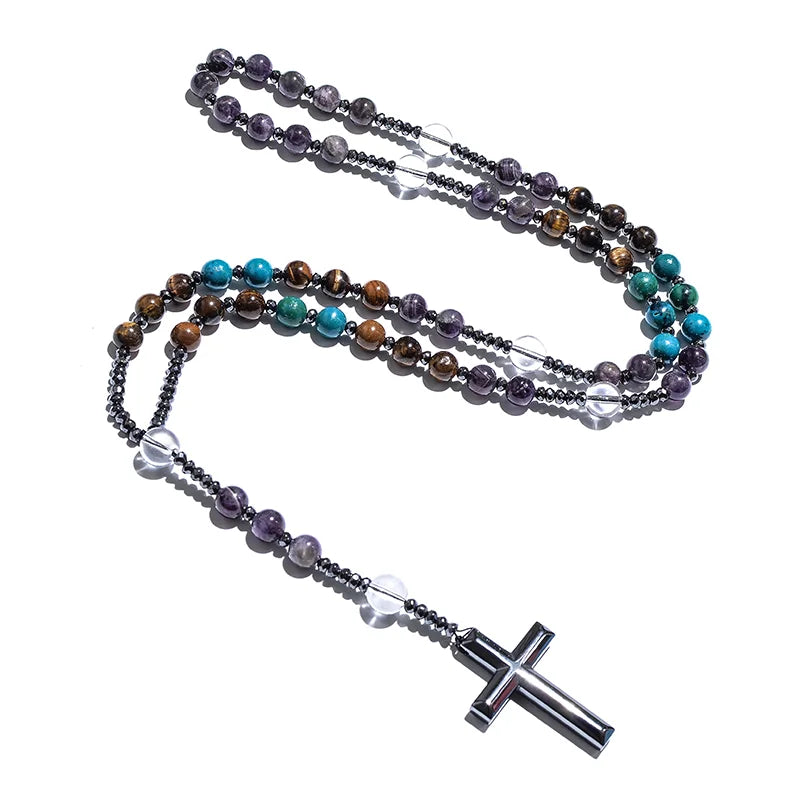 Natural Tiger Eye Amethyst Catholic Christian Rosary Men and Women Necklace Hematite Cross Pendant Meditation Yoga Mala Jewelry