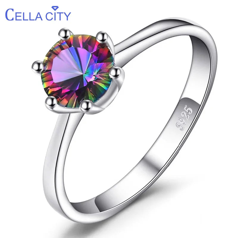 Cellacity Genuine Rainbow Mystic Topaz Ring 925 Sterling Silver Rings for Women Engagement Ring Silver 925 Gemstones Jewelry