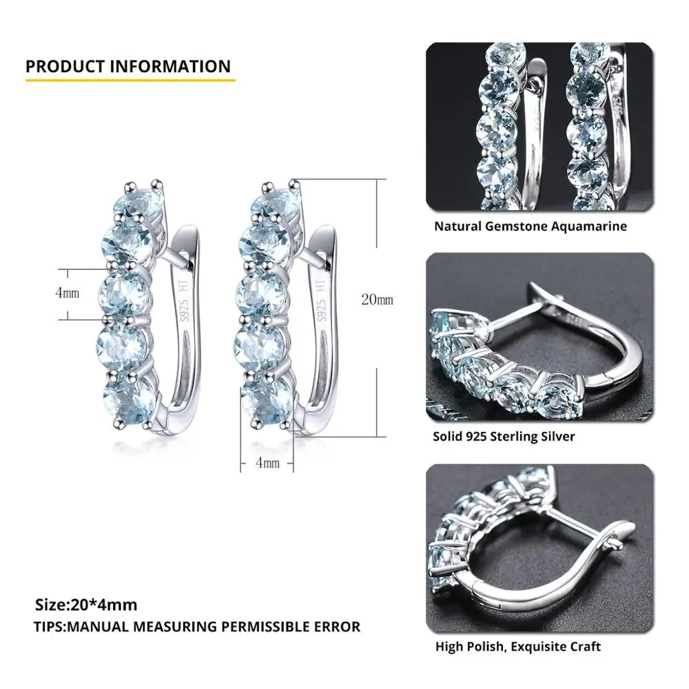 Hutang Natural Aquamarine 925 Silver Hoop Earrings Light Blue Gemstone Solid 925 Sterling Silver Simple Earrings for Women