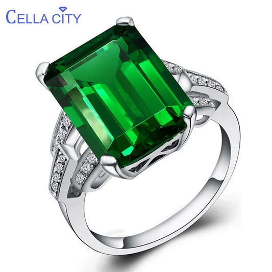 Cellacity Vintage Emerald Ring for Women Silver 925 Big Green Gemstone Finger Jewelry Anniversary Wholesale Gift Size 6-10 Green