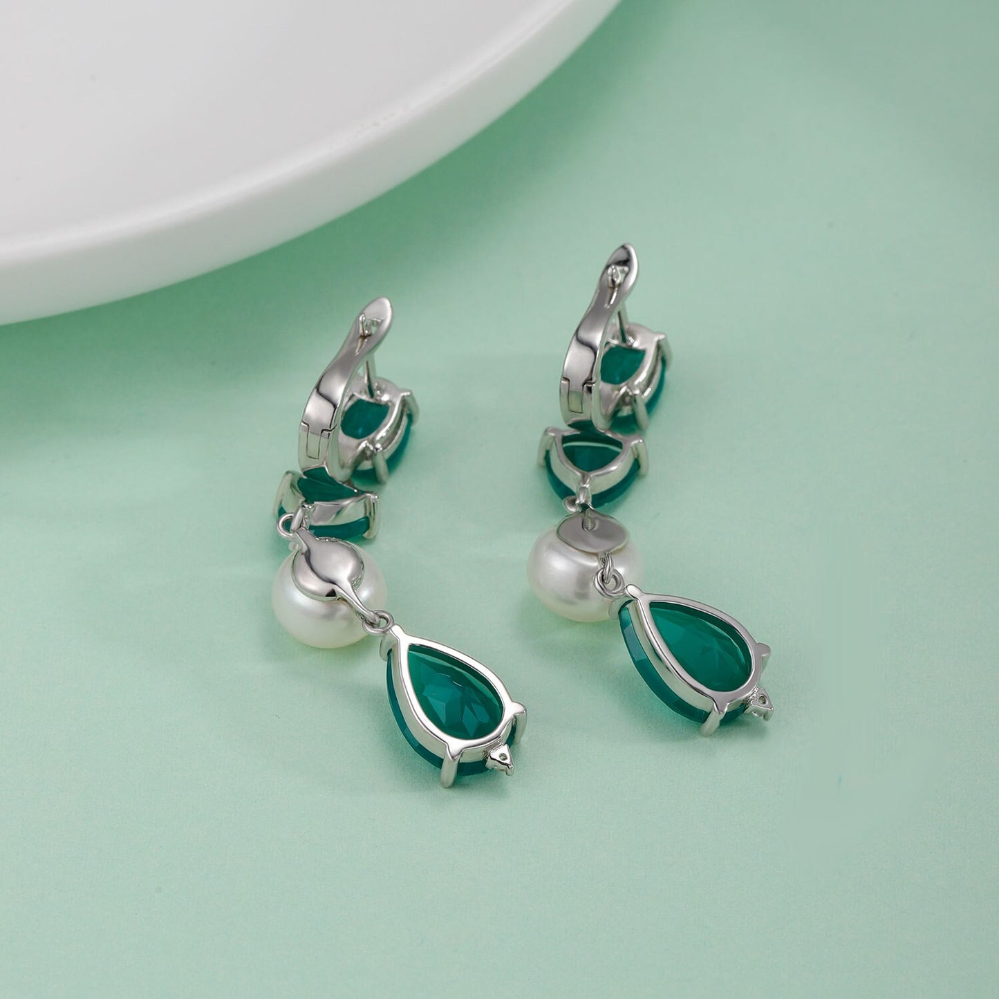 GEM'S BEAUTY 925 Sterling Silver Vintage Jewellery Stud Earrings For Women Natural Green Agate Fresh-water Pearl Stud Earrings