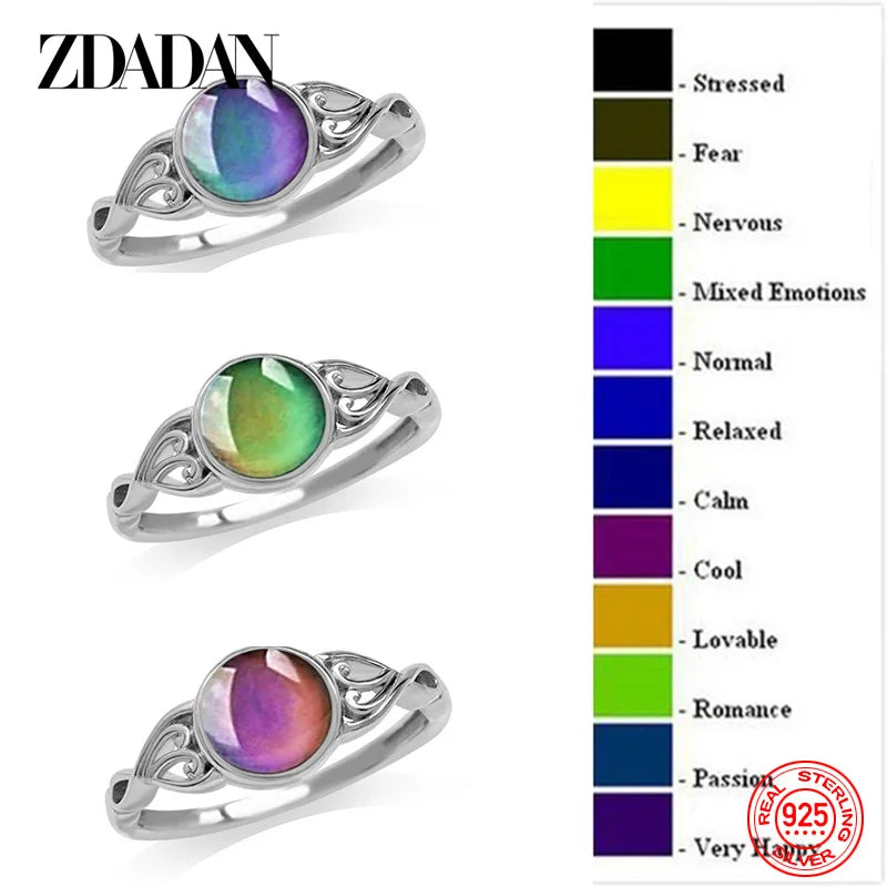 ZDADAN 925 Silver Oval Mood Temperature Change Ring For Women Charm Wedding Party Jewelry Gifts