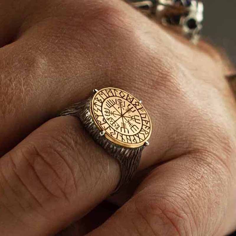 Nordic Mythological Compass Silvery Gold Viking Ring Luxury Personality Loki Anel for Men Gift Anel