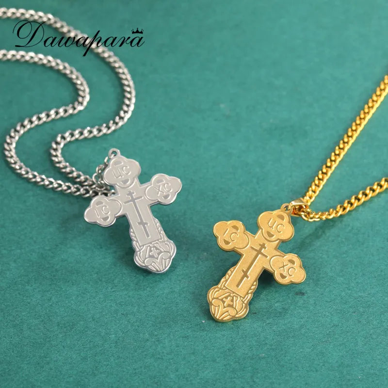 Dawapara Eastern Orthodox Serbian Cross Pendant Necklace Stainless Steel Jewelry Talisman Charm Necklaces