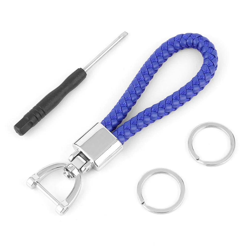 High-Grade Keychain for Men Women Rotatable Key Chain Luxury Hand Woven Leather Horseshoe Buckle Car Key Ring Holder Accessories Blue-S