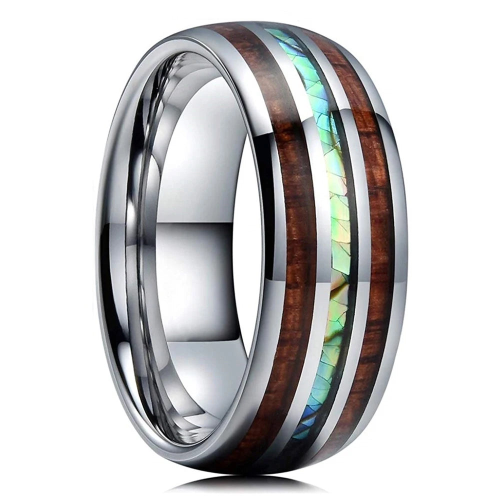 Fashion 8mm Rose Gold Color Stainless Steel Guitar String Rings for Men Koa Wood Inlay Ring Whiskey Barrel Mens Wedding Band