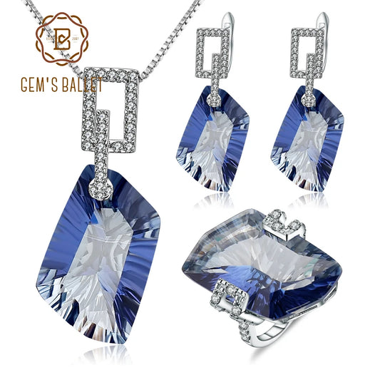 GEM'S BALLET 63.59Ct 925 Sterling Silver Necklace Earrings Ring Set Natural Iolite Blue Mystic Quartz Jewelry Set For Women CHINA