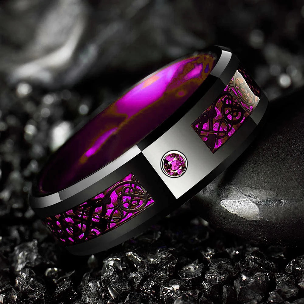Fashion 8mm Black Tungsten Wedding Celtic Dragon Rings Inlaid Green Zircon Ring for Men Stainless Steel Purple Carbon Fibre Ring