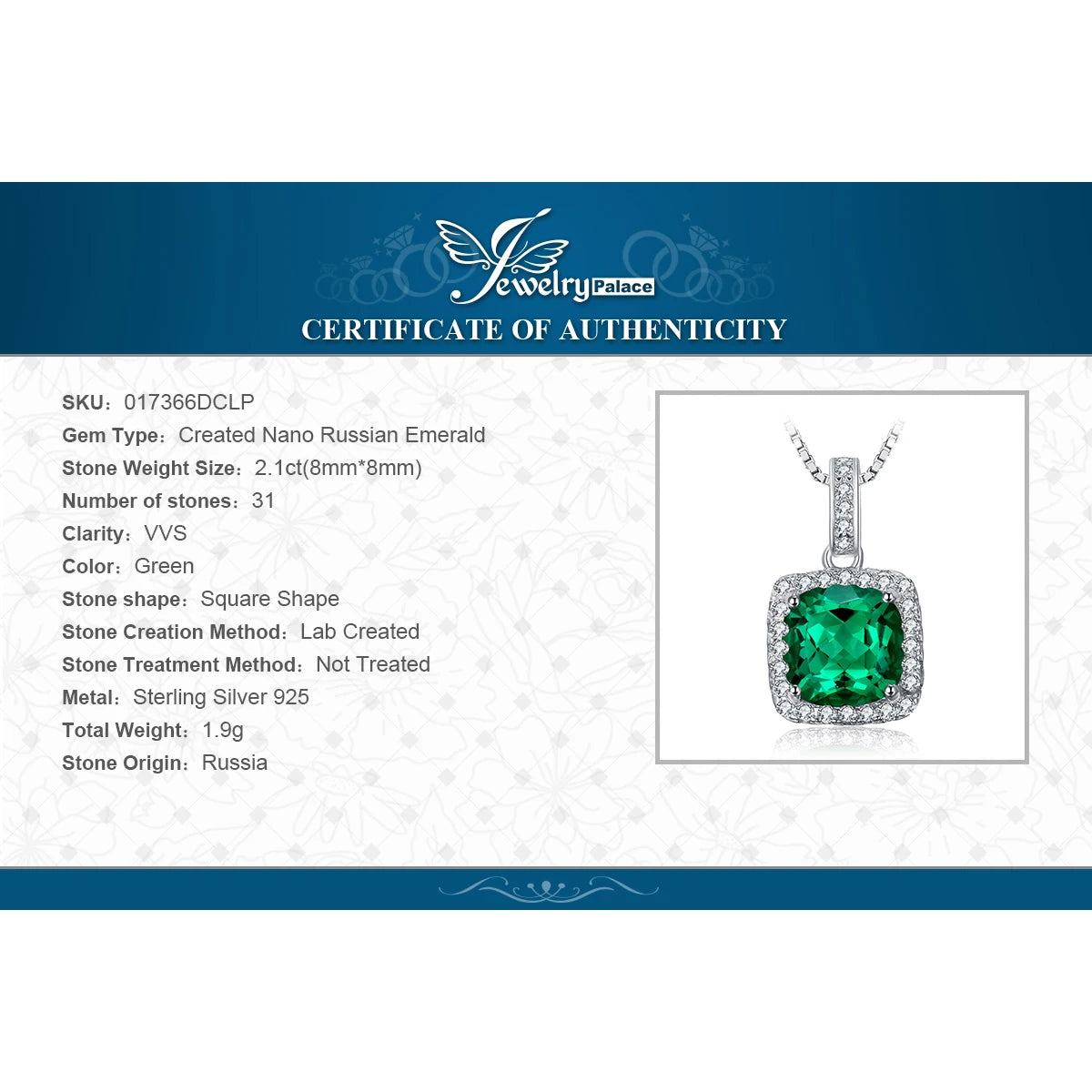 JewelryPalace Square Simulated Nano Emerald 925 Sterling Silver Pendant Necklace Gemstone Statement Necklace Women Without Chain