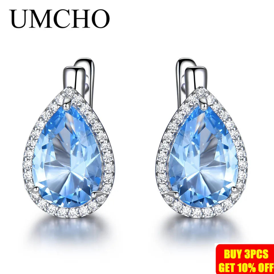 UMCHO Nano Sky Blue Gemstone Clip Earrings 925 Sterling Silver Earrings For Women Fashion Fine Jewelry Gift New Year Festival