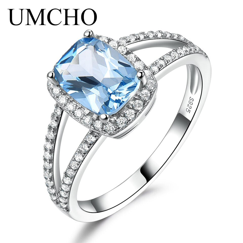 UMCHO Genuine Sterling Silver Rings For Women Engagement Nano Sky Blue Topaz Ring Silver 925 Gemstones Jewelry