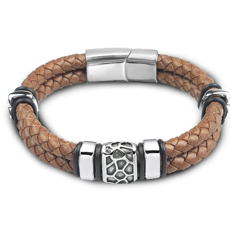 Brown Luxury 316L Stainless Steel Irregularly Cracked Man Bracelet Genuine Braided Leather Men's Jewelry Free Shipping Items