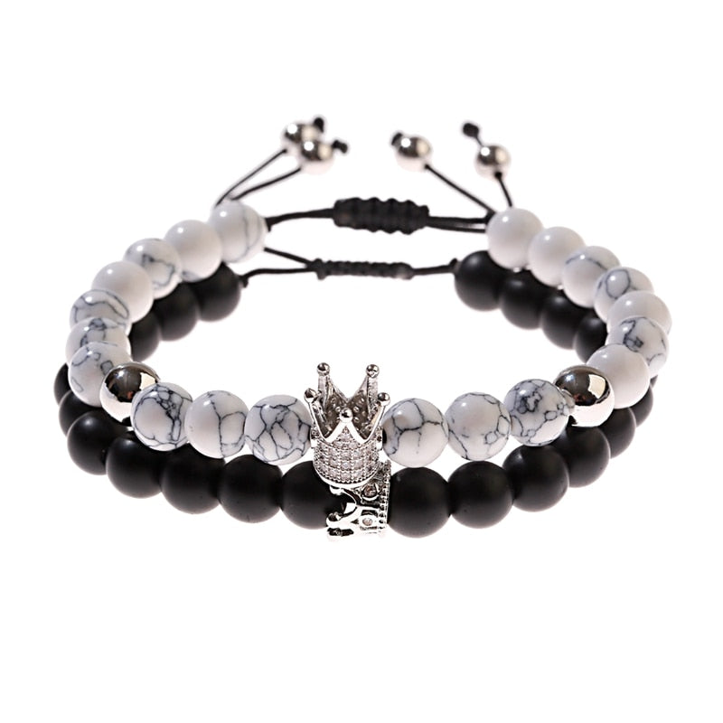 Fashion Turquoises Beads Yoga Bracelet Classic Silver Color CZ Crown Lovers Distance Couple Bracelets Friendship Jewelry
