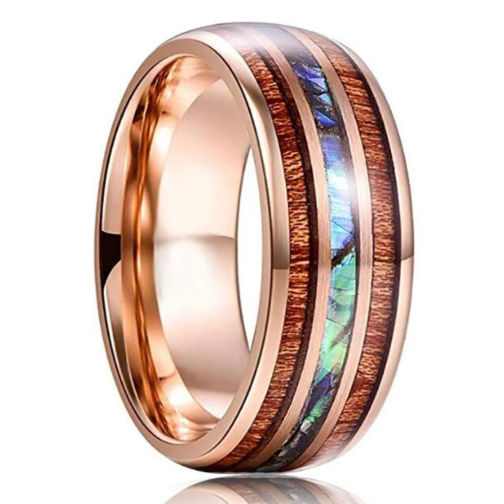 Luxury Mens 8mm Koa Wood Arrow Inlay Titanium Wedding Ring Viking Hunting Stainless Steel Engagement Ring Men Wedding Band Gift