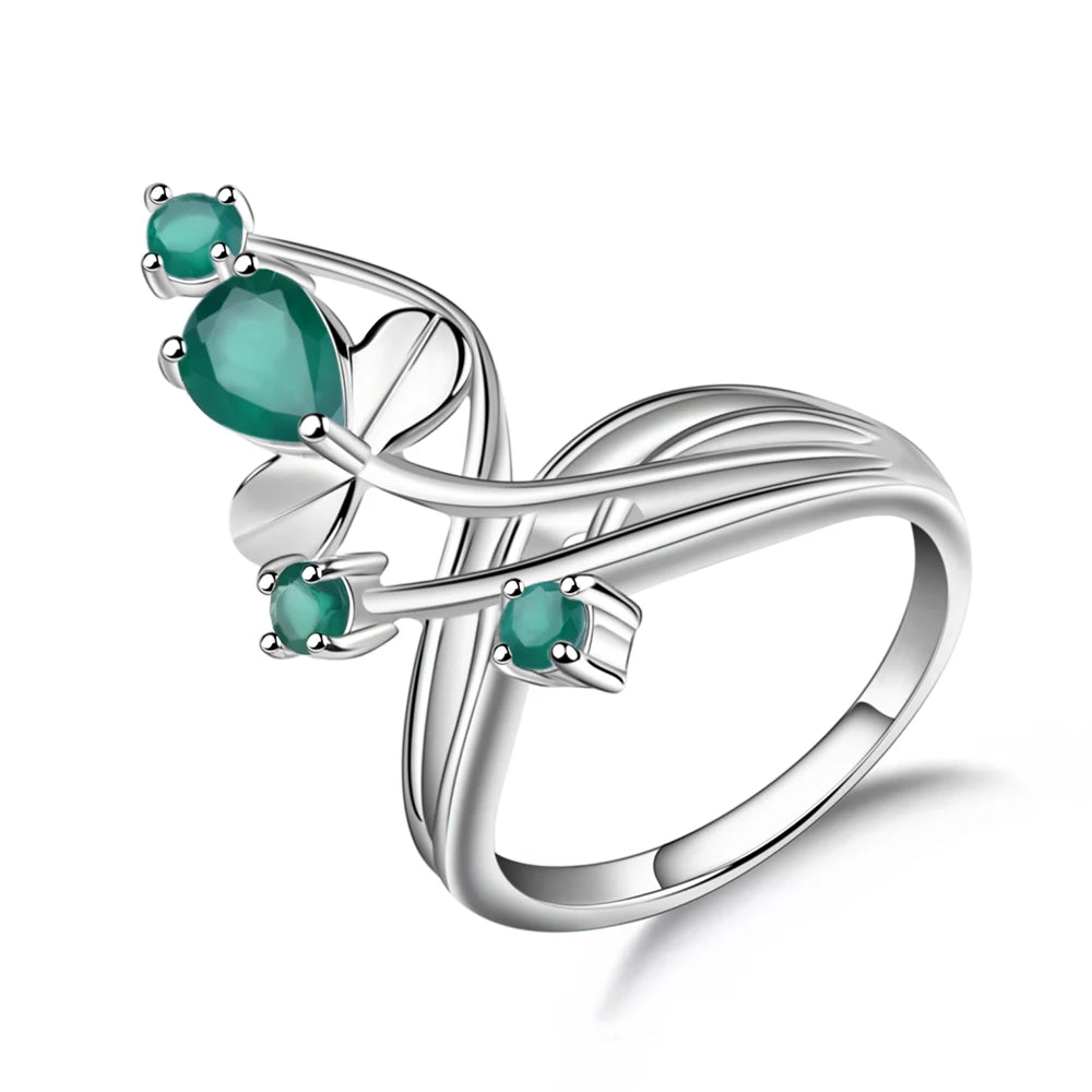 Gem's Ballet 0.97Ct Natural Green Agate Gemstone Ring Solid 925 Sterling Silver Flower Ring For Women Wedding Fine Jewelry Green Agate