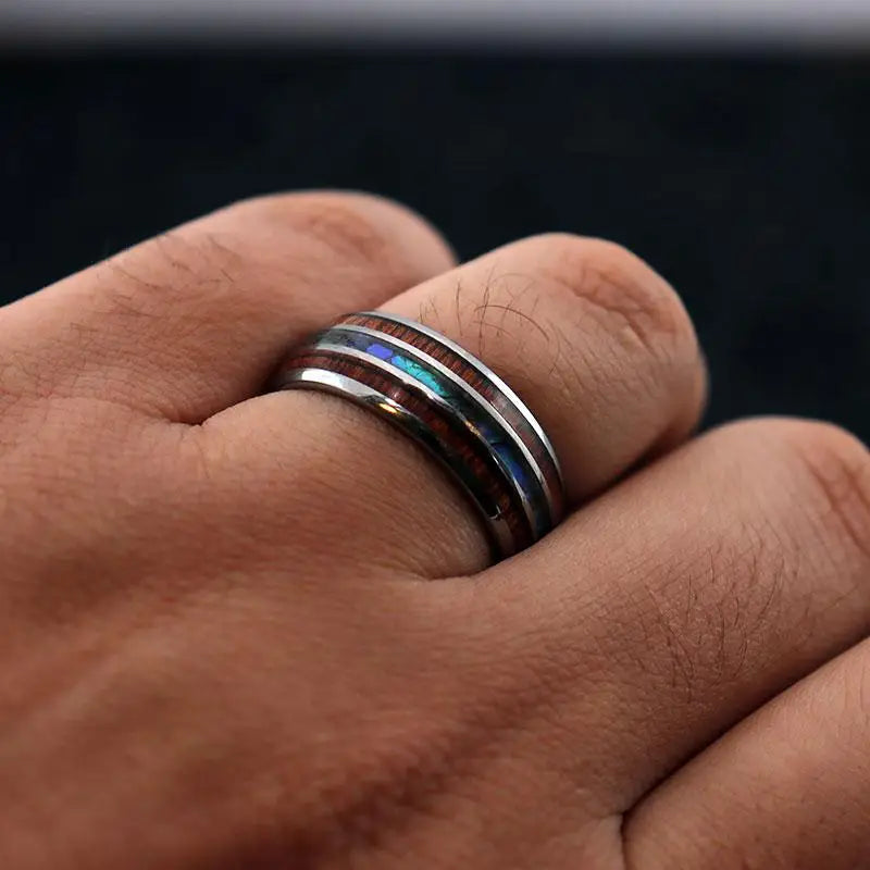Fashion 8mm Black Titanium Steel Rings For Men Inlay Red Opal and Colorful Abalone Shell Ring Men's Wedding Band Jewelry Gifts