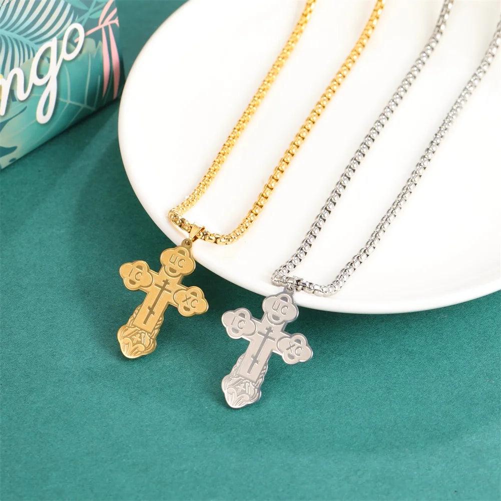 Dawapara Eastern Orthodox Serbian Cross Pendant Necklace Stainless Steel Jewelry Talisman Charm Necklaces