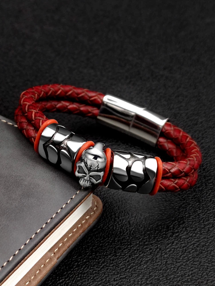 Pop Bohemian Style 316 Stainless Steel Men's Bracelet Ghost Head Accessories Woven Wine Leather Woman Bracelet 7 Day Delivery