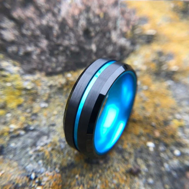 Fashion 8MM Men's Stainless Steel Rings Blue Red Colorful Groove Beveled Edge Wedding Engagement Ring Men's Anniversary Jewelry
