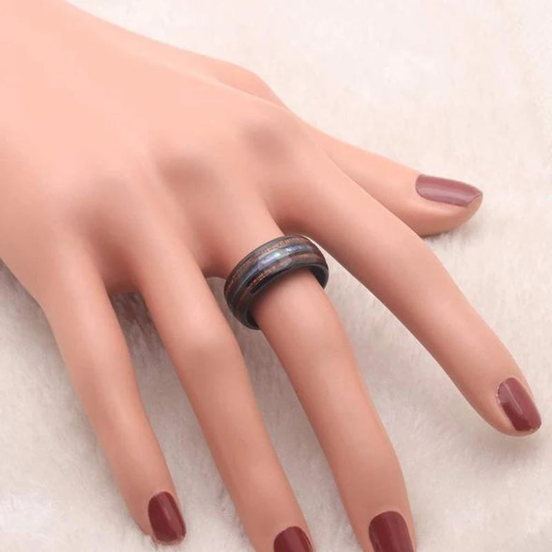 2025 Trendy 8mm Black Titanium Wedding Stainless Steel Rings For Men Inlay Colorful Abalone Shell Ring Men Wedding Band Jewelry