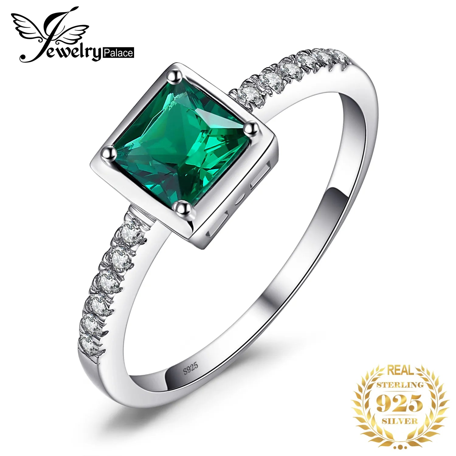 JewelryPalace Square Simulated Nano Emerald 925 Sterling Silver Ring for Women Trendy Gemstone Gift