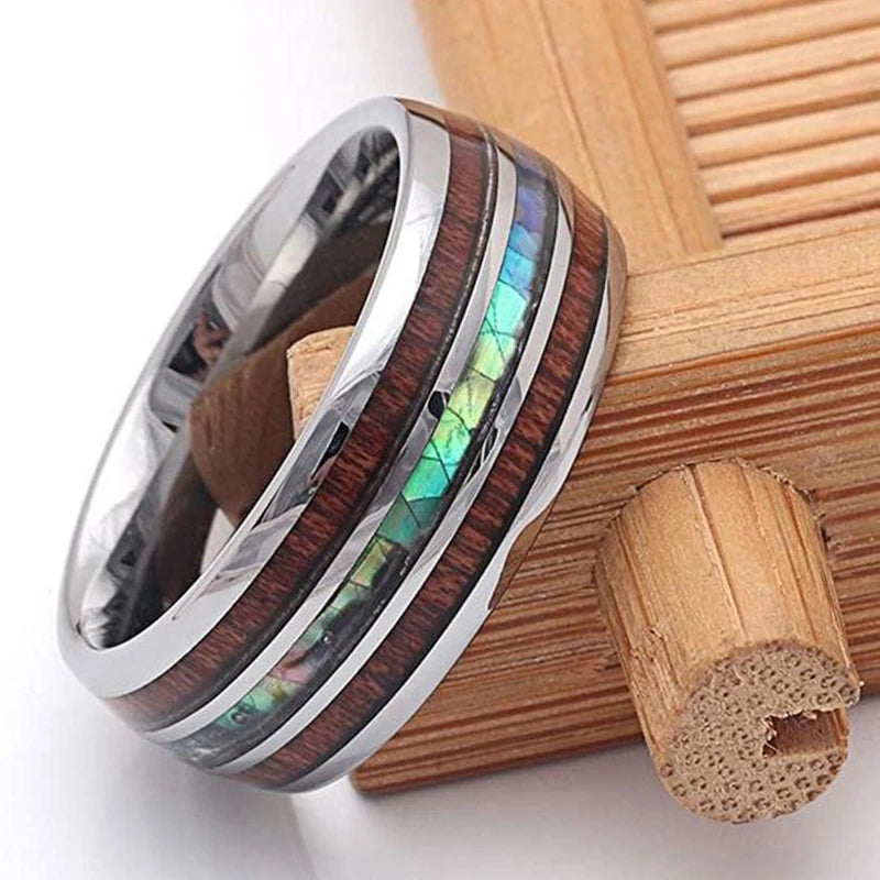 2025 Trendy 8mm Black Titanium Wedding Stainless Steel Rings For Men Inlay Colorful Abalone Shell Ring Men Wedding Band Jewelry