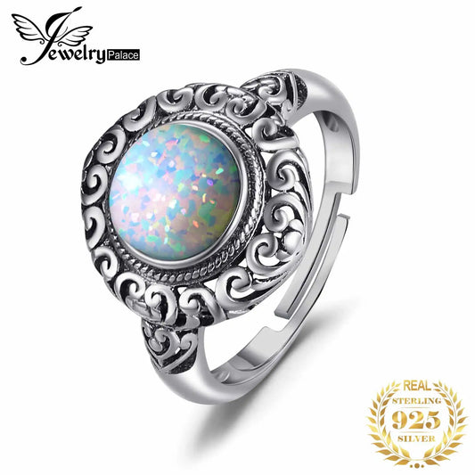 JewelryPalace Vintage 1.5ct Huge Created Opal Ring Unique Open Adjustable Cocktail 925 Sterling Silver Rings for Women Jewelry resizable