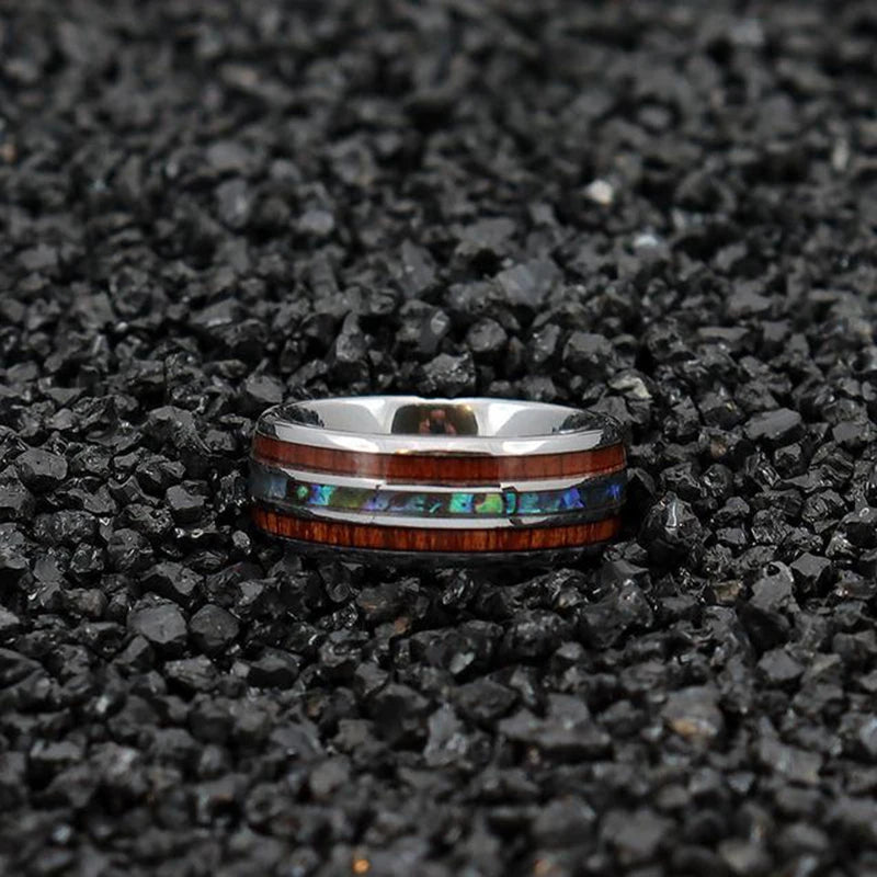 Fashion 8mm Black Titanium Steel Rings For Men Inlay Red Opal and Colorful Abalone Shell Ring Men's Wedding Band Jewelry Gifts