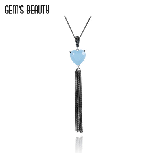 GEM'S BEAUTY 925 Sterling Silver Heart Cut Natural Aqua-blue Calcedony Jewelry Necklace 2021 For Women Handmade Pendant Necklace Default Title