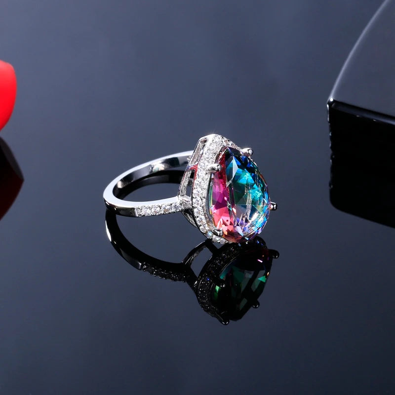 Ladies Jewelry S925 Silver Ring Mystical Rainbow Topaz Dripping Ring Wedding Jewelry Party Valentine's Day Ring Gift Wholesale