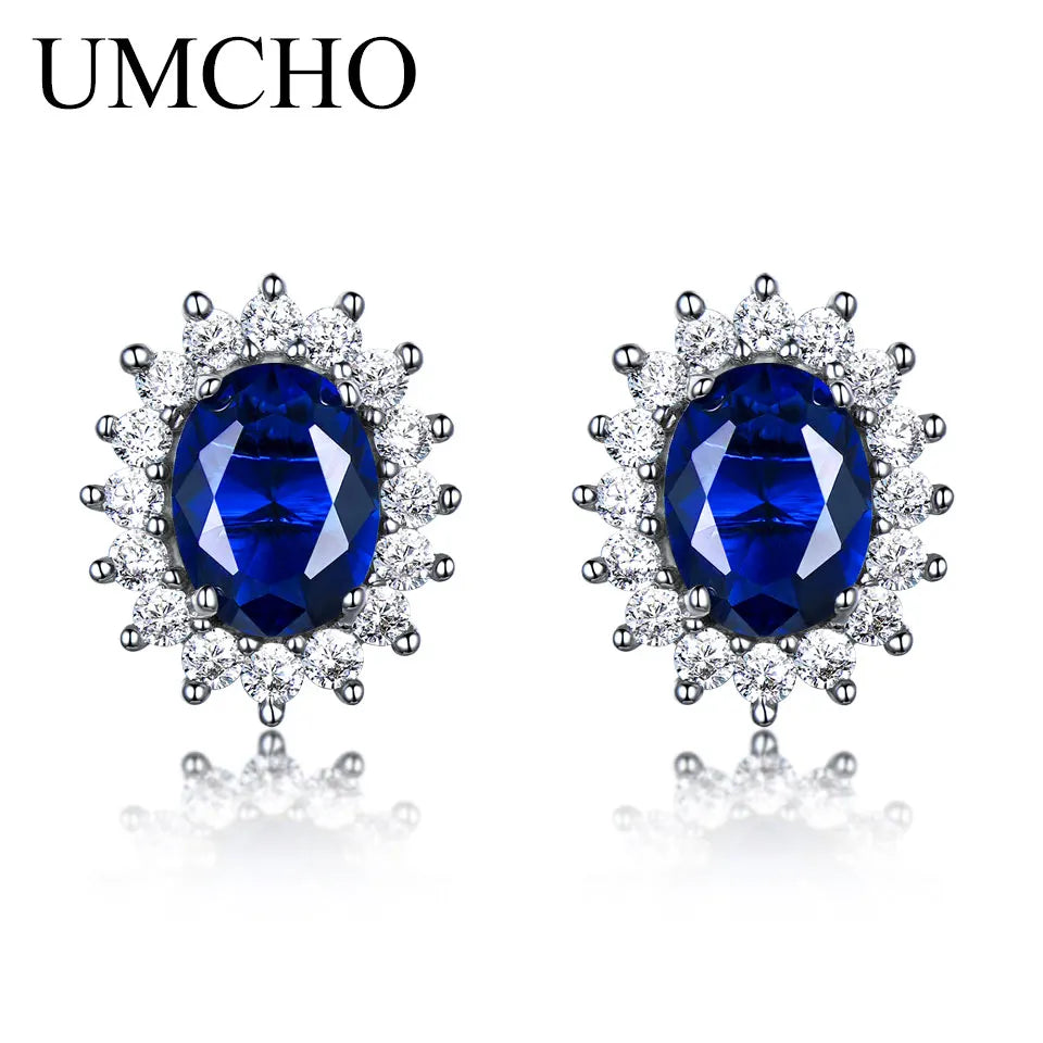 UMCHO Luxury Genuine 925 Sterling Silver Earrings for Women Blue Sapphire Diana Wedding Party Jewelry Romantic Gift Fine Jewelry