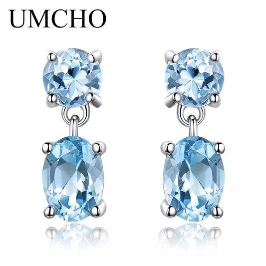 UMCHO Pure 925 Sterling Silver Drop Earrings For Women Oval Faceted Sky Blue Topaz Gemstone Earrings Christmas Gift Fine Jewelry