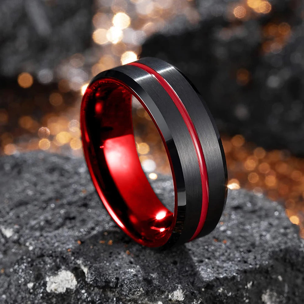 Classic 8mm Men's Red Groove Beveled Edge Black Stainless Steel Men Wedding Rings Black Brushed Male Bridal Engagement Ring