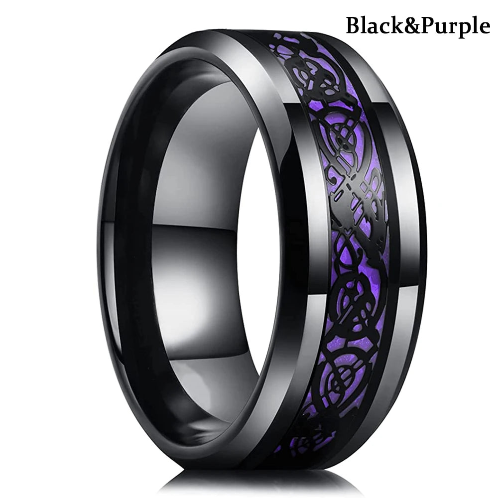 21 Colors 8mm Men's Stainless Steel Celtic Dragon Ring Inlay Red Green Black Carbon Fiber Ring Wedding Band Jewelry Size 6-13