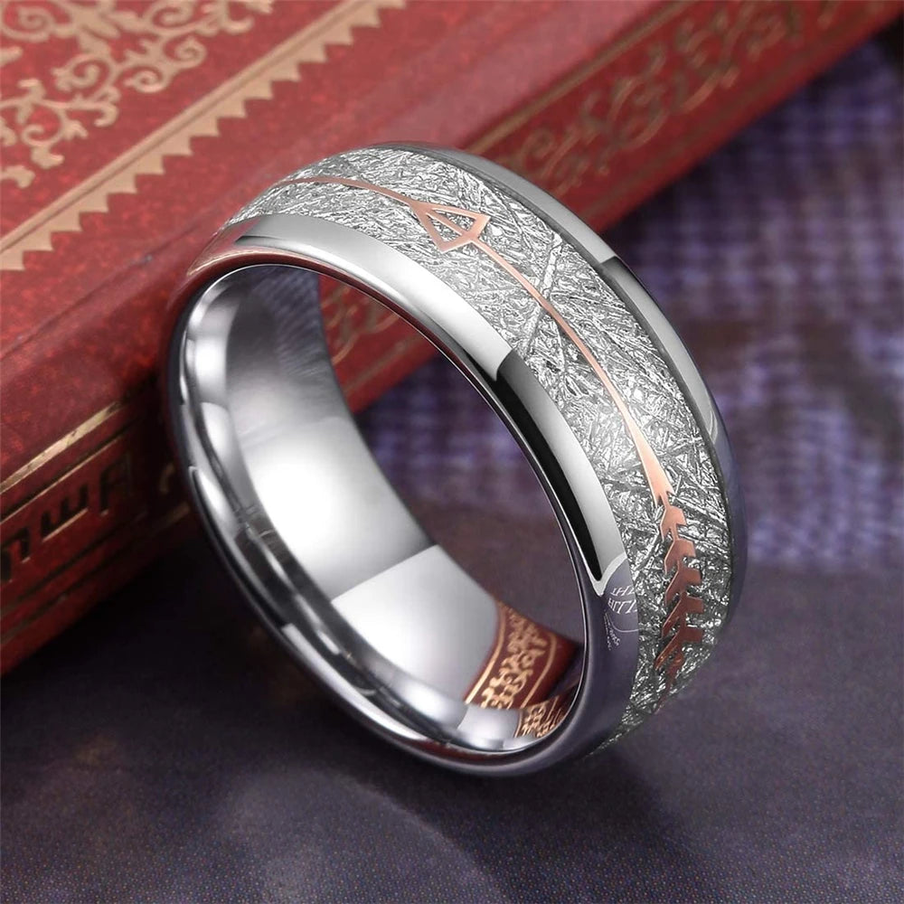 Luxury Mens 8mm Koa Wood Arrow Inlay Titanium Wedding Ring Viking Hunting Stainless Steel Engagement Ring Men Wedding Band Gift