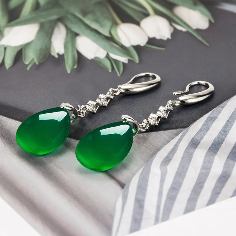 Vintage Green Jade Emerald Crystal Zircon Diamonds Gemstones Dangle Long Drop Earrings For Women White Gold Silver Color Jewelry