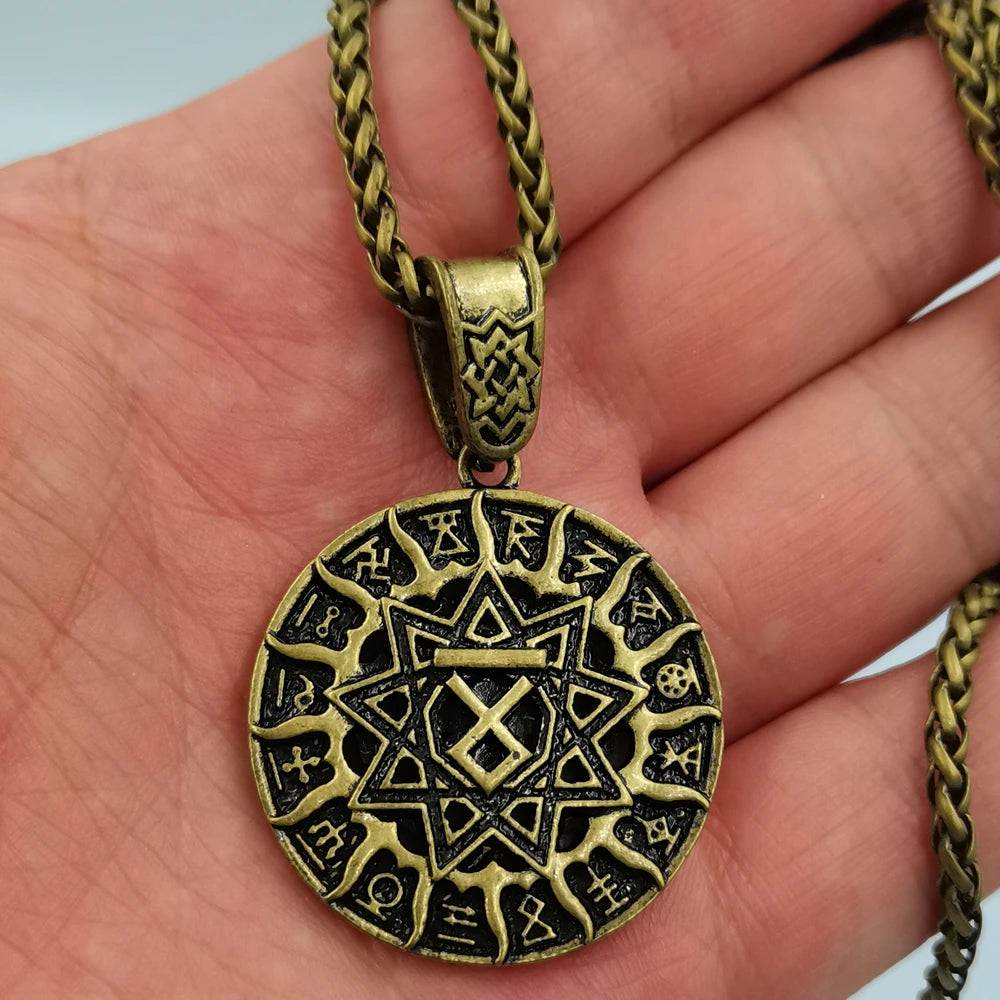 Slavic Kolovrat Wheel Amulet Pagan Pendant Necklace Viking Runes Star Of Russia Pentagram Talisman Vintage Jewelry Necklace