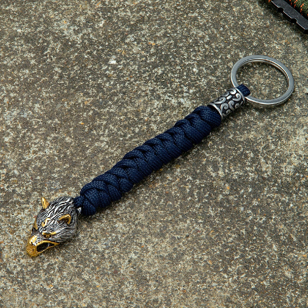Vintage Wolf Head Keychains Vikings Pendant Stainless Steel Lanyard Rope Survival Keyring Handmade Male Backpack Key Ring Gold Blue
