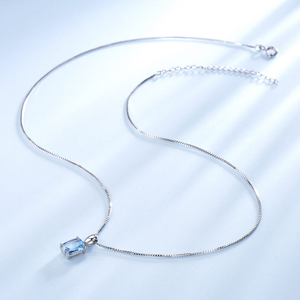 UMCHO 925 Sterling Silver Women&#39;s Necklace Pendant Rectangle Sky Blue Topaz Engagement Wedding Pendant Strap Chain