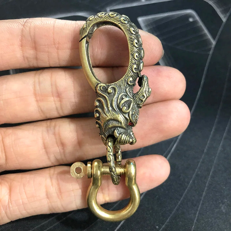 Retro Brass Lucky Keychain Red Eyes Beast Pixiu Head Key Holder DIY Car Keyring Accessories Luxury Brand EDC Carabiner Tool Gift Pixiu Key Holder 6