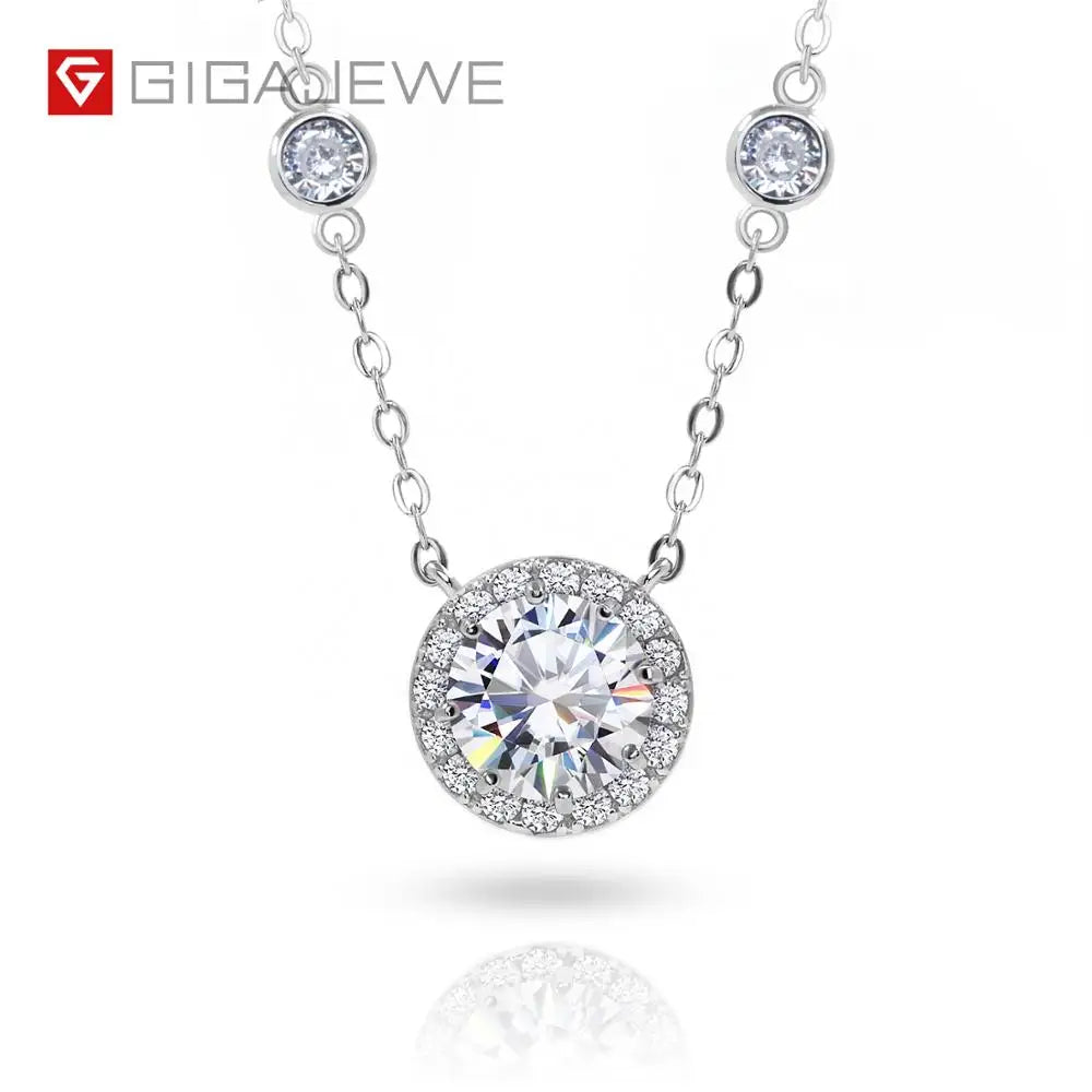 GIGAJEWE 1ct 6.5mm D Color Round 18K White Gold Plated 925 Silver Moissanite Pendant Necklace